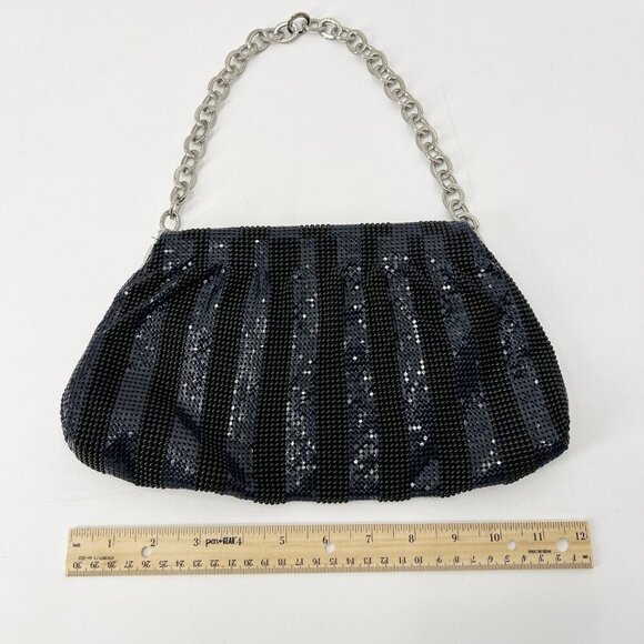 BCBGMAXAZRIA Black Navy Striped Mesh Shoulder Bag Chain Strap Evening Party HOCO - Picture 6 of 13